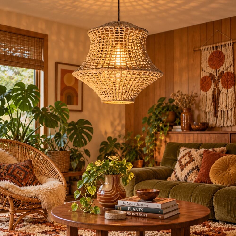 Vintage 1970s Boho Macrame Pendant Lampshade 18” Woven Swag Light Shade